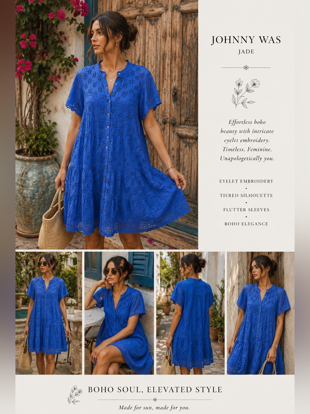 Johnny Was Jade Blue Eyelet Embroidered Boho Tiered Dress Medium
